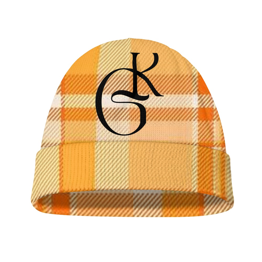 Orange and Tan plaid jacket with beanie and or Scarf