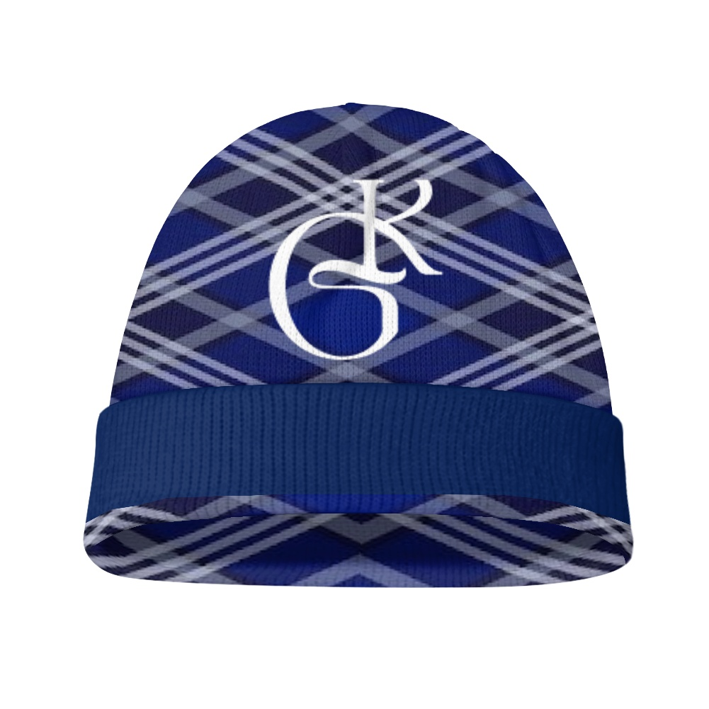 Blue and Navy plaid jacket with beanie and or Scarf