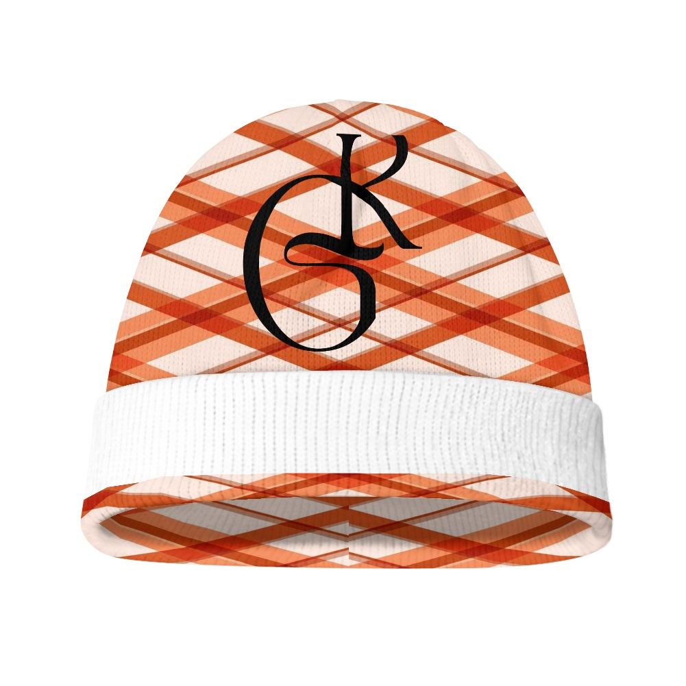 Burnt Orange and White plaid jacket with beanie and or Scarf