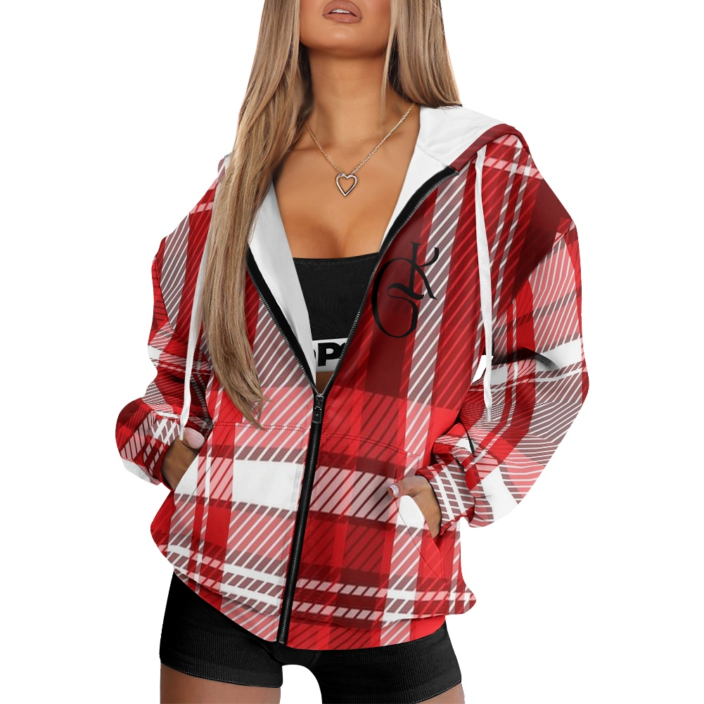 Red and White plaid jacket with beanie and or Scarf