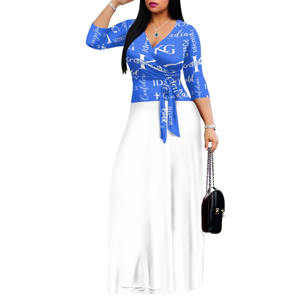 K & G Royal/Teal Blue and White Confidence Dress with a Handbag