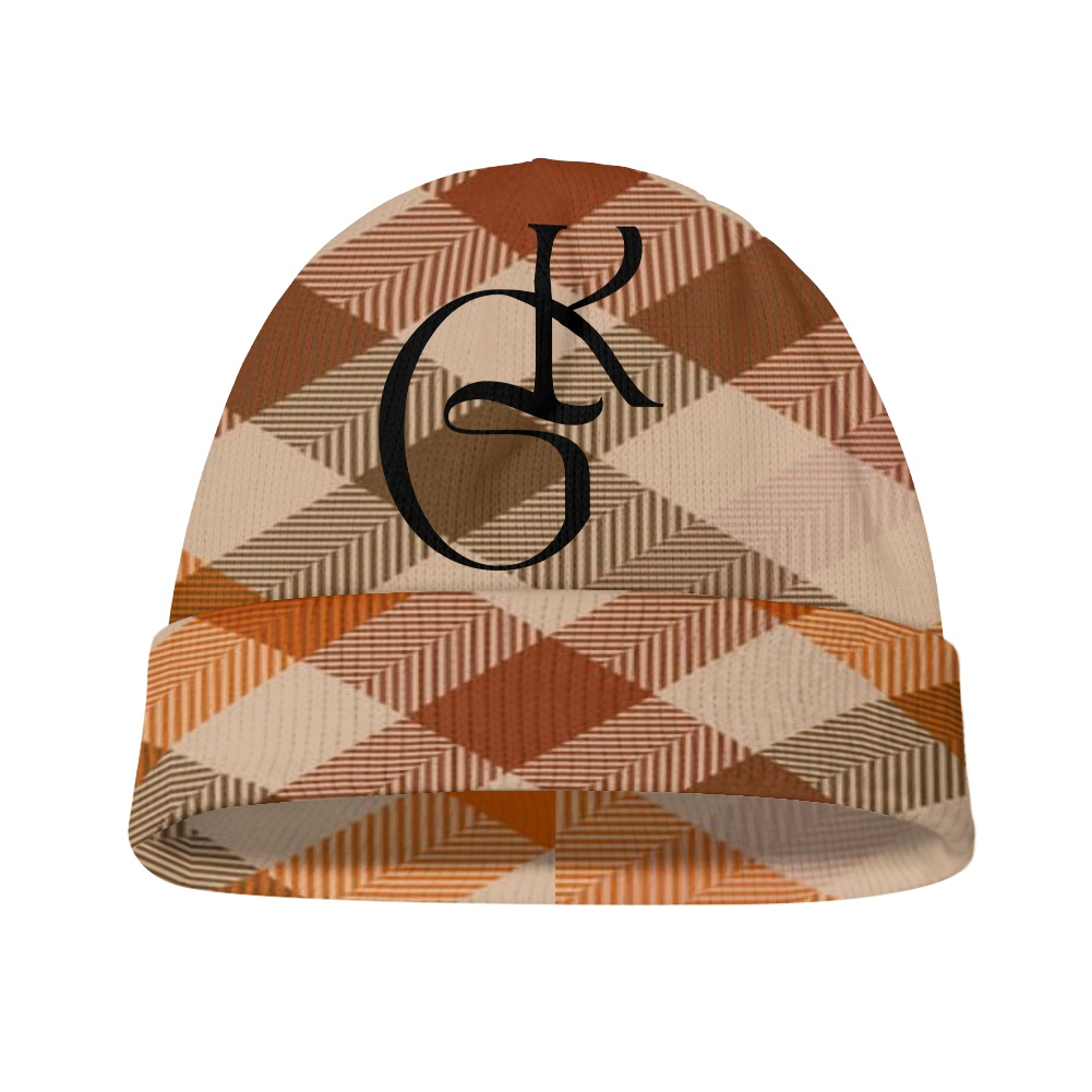 Brown and Rust plaid jacket with beanie and or Scarf