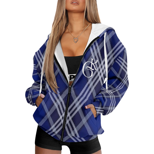 Blue and Navy plaid jacket with beanie and or Scarf