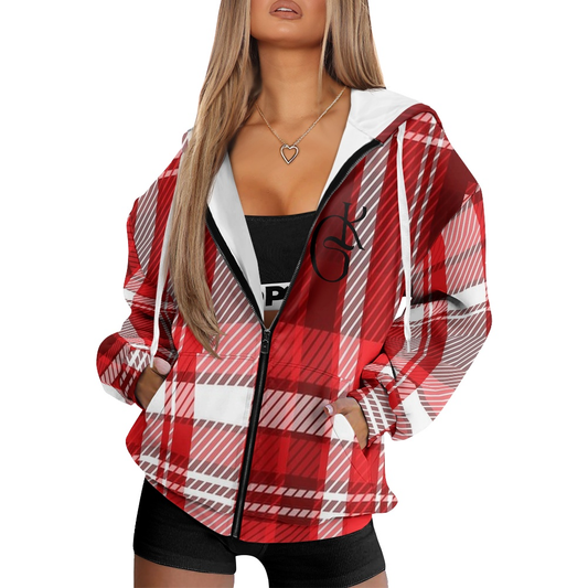 Red and White plaid jacket with beanie and or Scarf