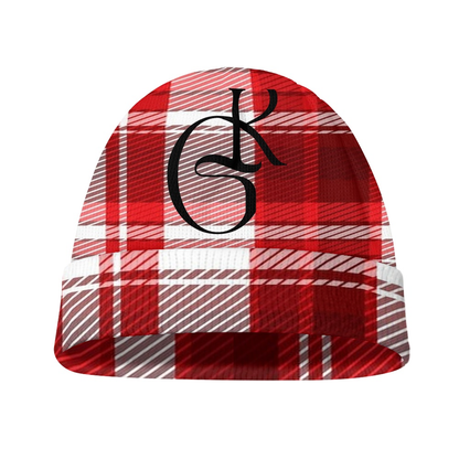 Red and White plaid jacket with beanie and or Scarf