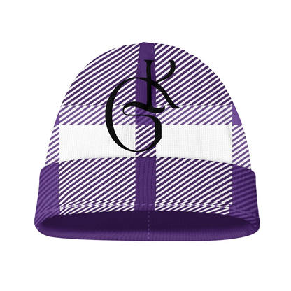 Purple and White plaid jacket with beanie and or Scarf