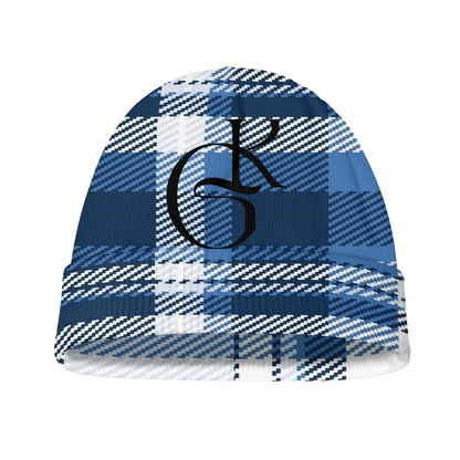 navy and White plaid jacket with beanie and or Scarf