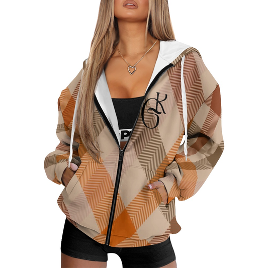 Brown and Rust plaid jacket with beanie and or Scarf